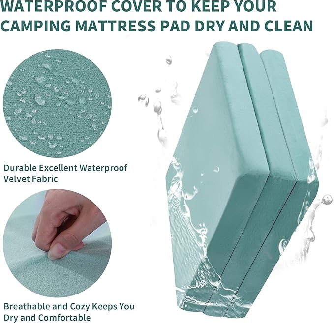 HOMBYS Tri Folding Memory Foam Camping Mattress for Outdoor Sleeping, Portable Waterproof Camping Pad Mat for Travel Truck Bed Tent