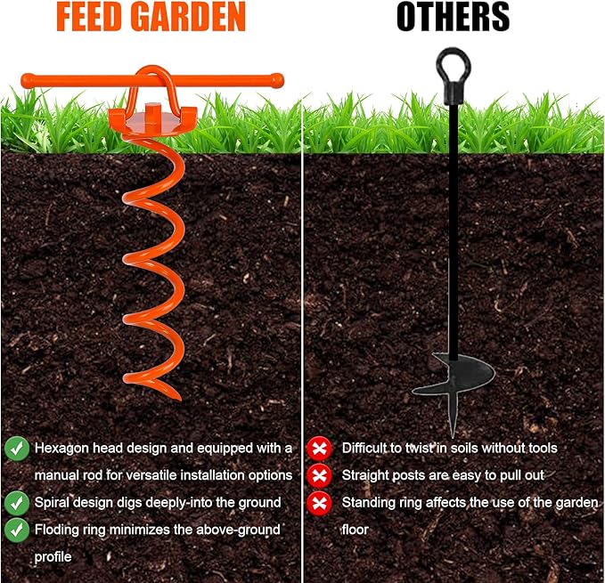 FEED GARDEN 12.2 Inch Spiral Ground Anchors Heavy Duty Screw in Spiral Stakes, 4 Pack Folding Ring Ground Stakes for Securing Dogs,Tents, Trampolines, Canopies, Swing Sets,Orange