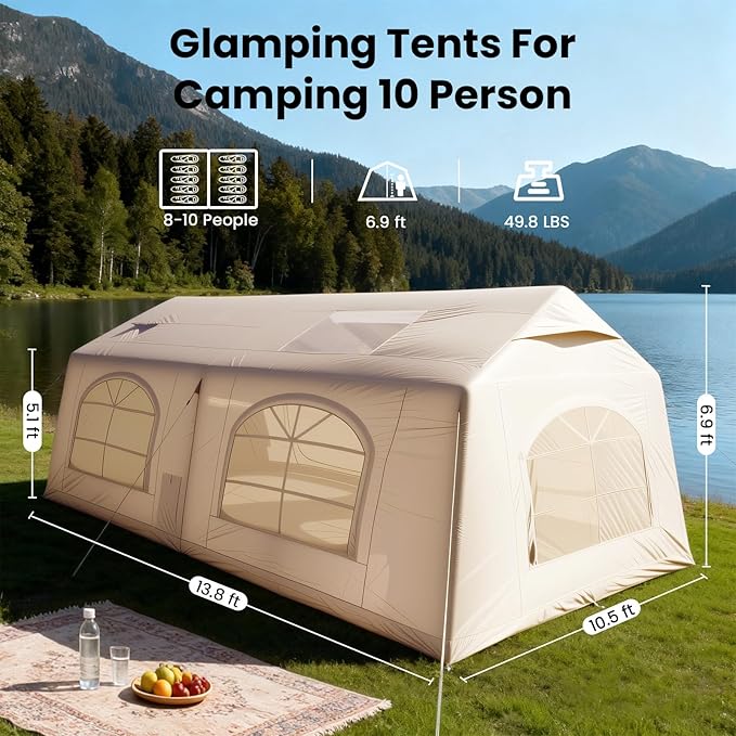 Inflatable Tents for Camping, Blow Up Tent with Hand Pump, Easy Setup Inflatable Hot Tent with Stove Jack, Waterproof Oxford Air Glamping Tents for Camping Adult 4 Person Upgrade Version