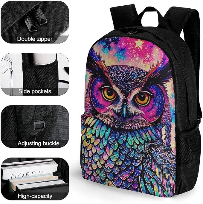 Supdreamc Rucksacks Lightweight Multipurpose Anti-Theft Galaxy Owl Shoulder Bag Big Capacity Laptop Book Bag Rucksack With Padded Straps