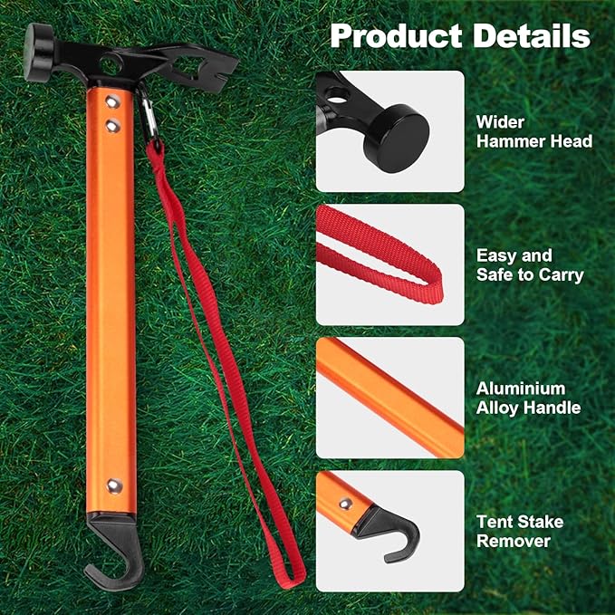 Aluminum Camping Hammer, 3-In-1 Functional Tent Stake Hammer with Puller, Lightweight Tent Mallet for Camping, Hiking & Backpacking, Orange