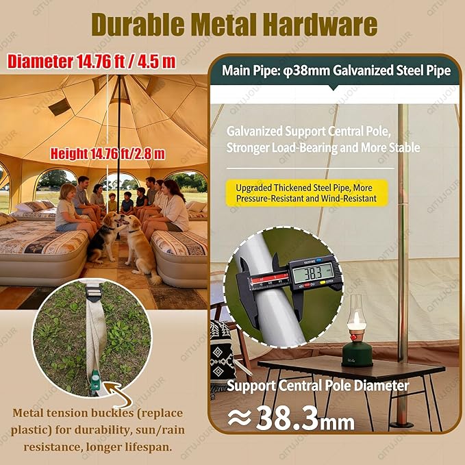 Canvas Bell Tent, Three Assembly Methods Large Yurt Tent with Stove Jack for Camping & Glamping, 15 Person Maximum Space, Waterproof 4 Season Hot Tent with 8 Mesh Windows & Removable Floor