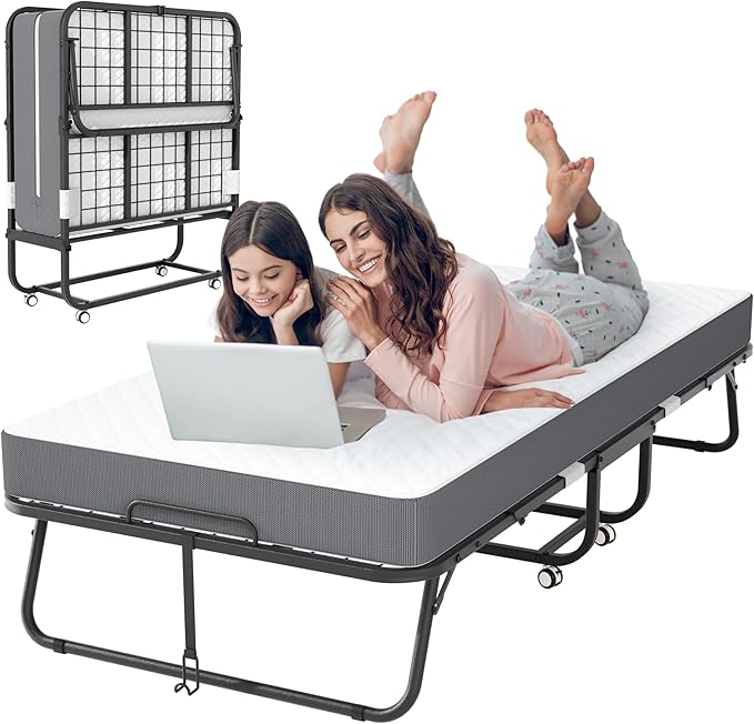 Superday Folding Bed with Mattress, 75” x 38” Portable Rollaway Bed, Twin Foldable Bed with 5" Mattress, Roll Away Beds for Adults, Fold up Beds for Guest Room&Small Apartment, Twin Size,Cot Size