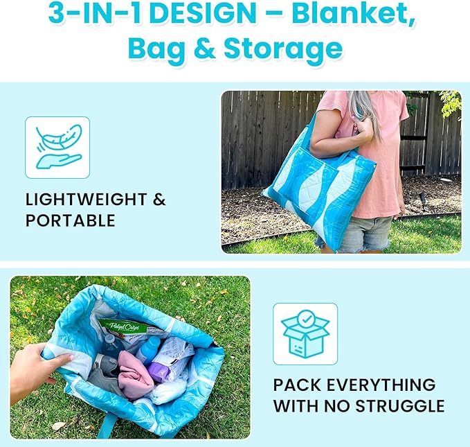 #WEJOY 3 in 1 Outdoor Picnic Blanket, Padded 3 Layers Beach Blanket, 80x60'', 4 Person, Easy to Fold, Waterproof for Lawn,Camping, Park (Blue)