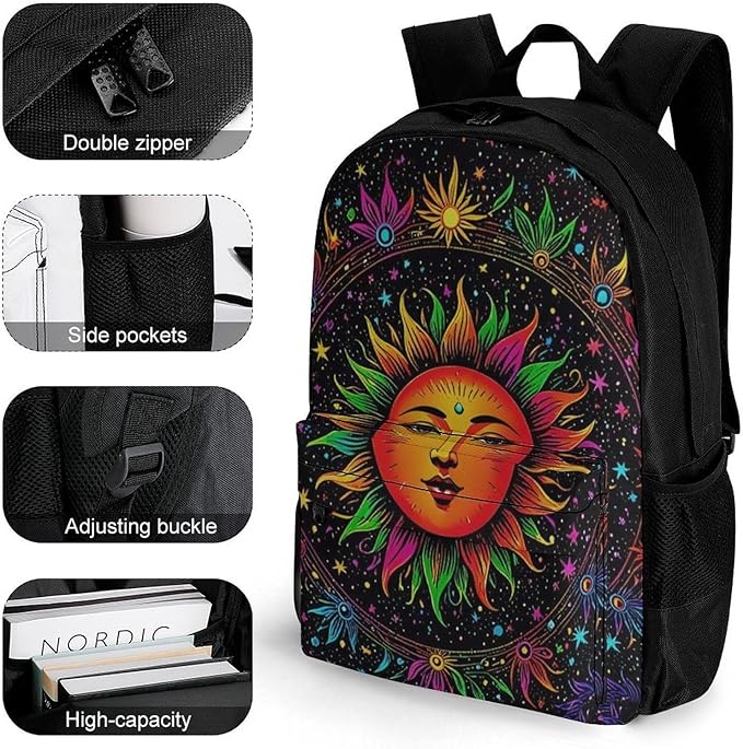 Supdreamc Casual Daypack Multipurpose Anti-Theft Large Capacity Carry On Bag, Glowing Sun And Moon Stars Art Casual Daypack Climbing Shoulder Bag With Padded Straps