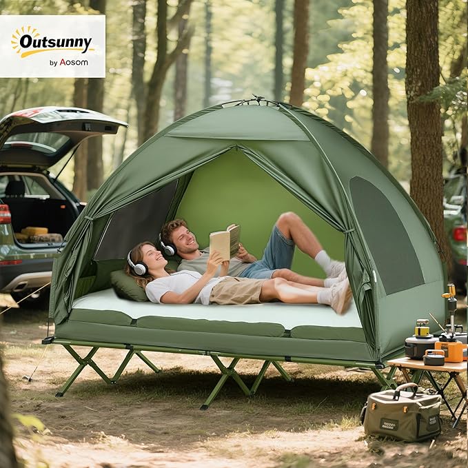 Outsunny Camping Tent Cot, Folding Tent Cot Combo with Mattress, Pillow, Sleeping Bag, Roller Carrying Bag, Off Ground Travel Camp Cot for Hiking, Backpacking