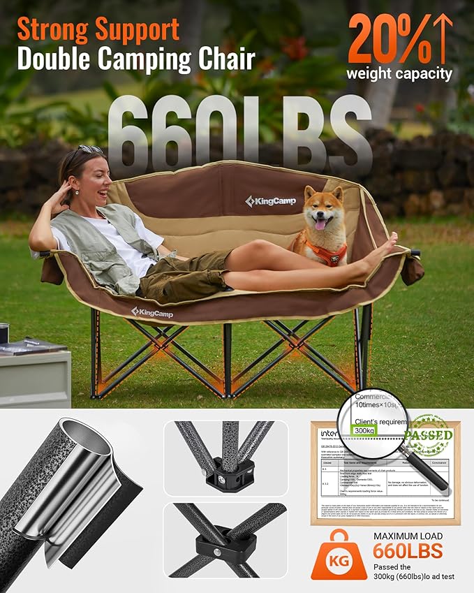 KingCamp Double Camping Chair, Oversized 660lbs Heavy Duty Loveseat for Adults Portable Folding XL 2 Person Couch Padded Comfortable Two Seat with Cup Holder for Outdoor Lawn Backyard, Khaki/Coffee