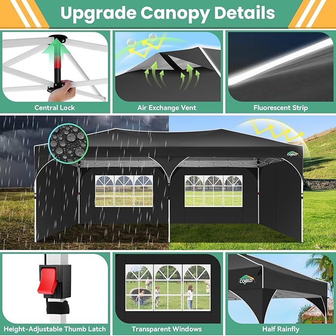 COBIZI 10x20 Pop Up Canopy Tent with 4 Sidewalls, Instant One-Push Setup, Commercial Canopy with Air Vent & Reflective Strip, UPF 50+ Waterproof Party Tent with Sandbags & Stakes for Events (Black)