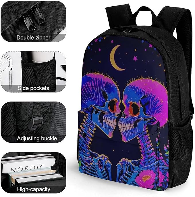 Rucksacks Multipurpose Anti-Theft Big Capacity Bookbag, Psychedelic Skeleton Love Art Travel Hiking Camping Rucksack With Padded Straps