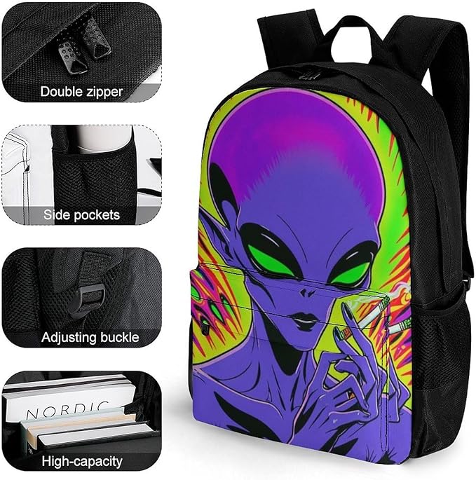 Men Women Polyester Trippy Alien Art Daypack Big Capacity Shoulder Bag With Smooth Zippers for Hiking Work Walking Cycling