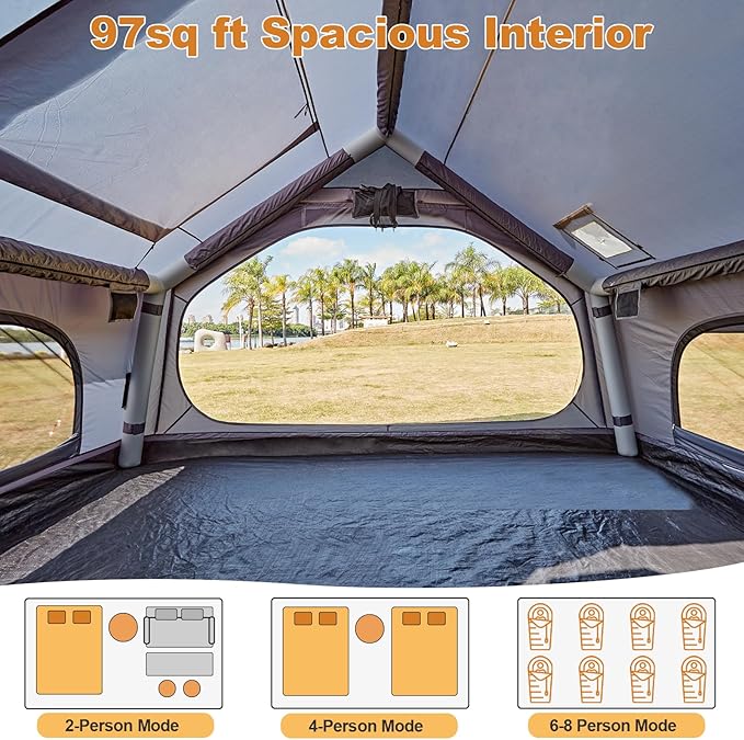Inflatable Tents for Camping with Stove Jack, 2/4/6/8 Person Easy Setup Blow Up Tents for 4 Seasons Waterproof Inflatable Camping Tent with Awning, Air House Glamping Tents for Camping Adult