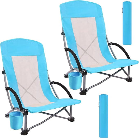 Beach Chairs Beach Chairs for Adults Folding Camping Chair with High Mesh Back w/Carry Bag and Cup Holder, Portable Lightweight for Outdoor, Beach, Camping, Picnic (2-Pack Blue)