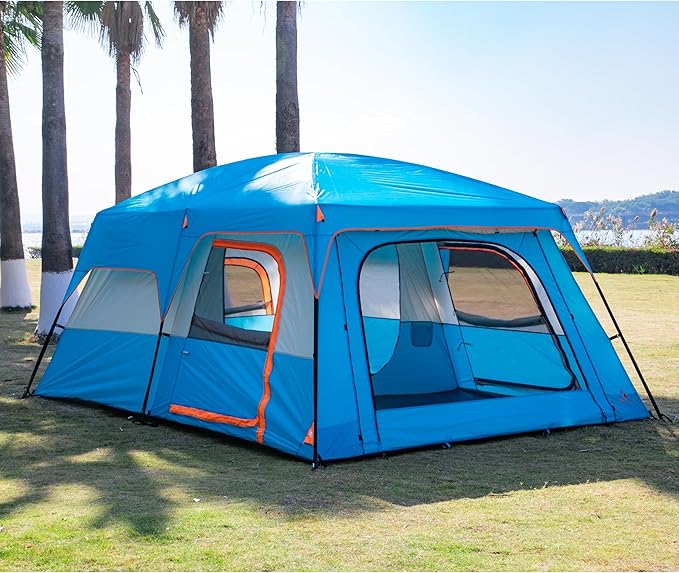 KTT Extra Large Tent 6-10-12-14 Person(B),Family Cabin Tents,2 Rooms,3 Doors and 3 Windows with Mesh,Straight Wall,Waterproof,Double Layer,Big Tent for Outdoor,Picnic,Camping,Family Gathering