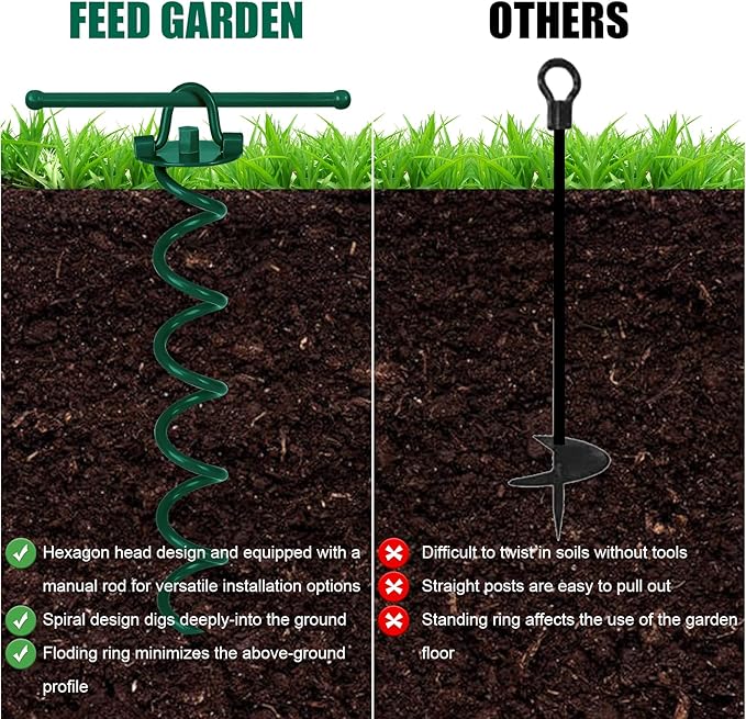FEED GARDEN 16 Inch Spiral Ground Anchors Heavy Duty Screw in Spiral Stakes, 4 Pack Folding Ring Ground Stakes for Securing Dogs,Tents, Trampolines, Canopies, Swing Sets,Green