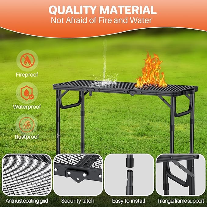 FUNYKICH 3ft Folding Grill Table for Outside 34.2''x15.7'', 3 Height Adjustable Portable Camping Tables, Lightweight Metal Aluminum Outdoor Table with Carry Handle for Camping, Picnic, BBQ, Black