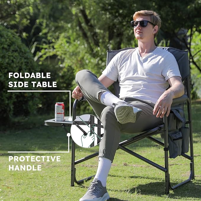 Oversized Directors Camping Chair Support 600 LBS, Heavy Duty Folding Outdoor Chairs with Detachable Side Pocket and Adjustable Side Table for Outside Beach,Lawn,Fishing (Red)
