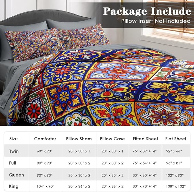 Comforter Set Full Size, Mexican Talavera Ceramic 7 Pcs Bedding for Kids and Adults, Italian Spanish Bed Sheet Sets with Fitted Sheet 2 Pillowcases & 2 Shams for Bedroom Bed Decor