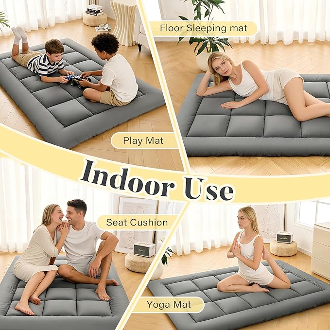 Japanese Floor Mattress, Foldable Futon Mattress Tatami Mat with Handle, Roll Up Dormitory Sleeping Pad for Camping, Guestroom Bed, Full Size, Grey