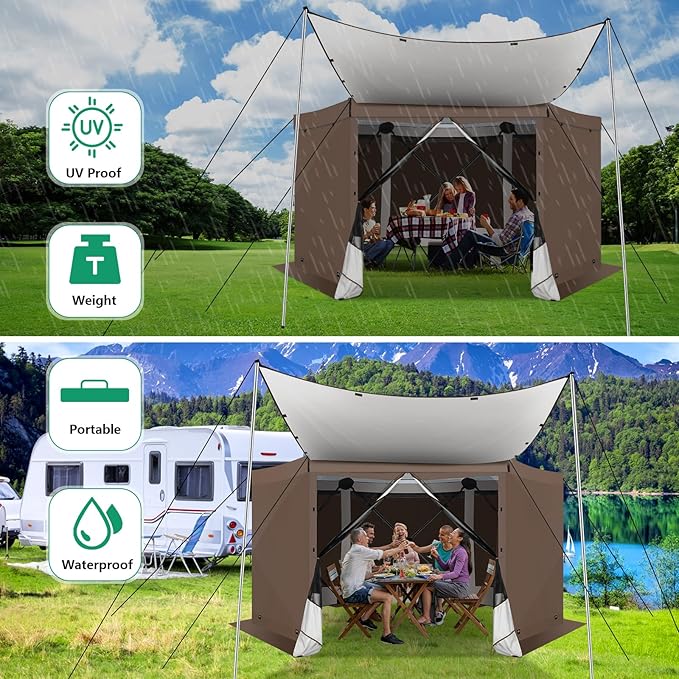 COBIZI 12x12FT Pop Up Gazebo Screen Tent Screen House for Camping, Screen Room with Mosquito Netting, Hub Tent Instant Screened Canopy with Carrying Bag and Ground Stakes, Brown(Upgraded)
