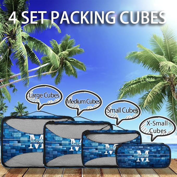 Custom Name 4 Pcs set travel luggage organizer Mesh Travel Essentials for Suitcases, Blue Geometric Pattern with Initial Letter