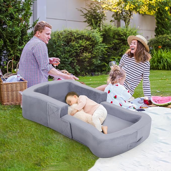 Toddler Travel Bed, 2-in-1 Foldable Portable Toddler Bed Sofa Chair, Soft Baby Kids Travel Floor Cot with Washable Covers Safety Foam Raised Bumper for Camping Hotel Sleeping (Grey)