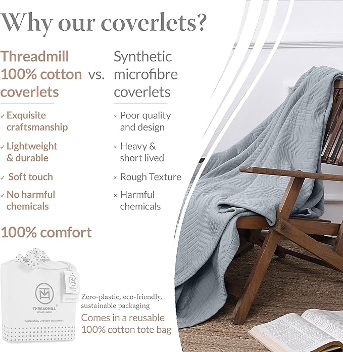 Threadmill Luxury Cotton Blankets for Queen Size Bed | All-Season 100% Cotton Queen Size Blanket | Aster Jacquard Cozy Lightweight, Soft Breathable Coverlet fits Full Size Bed, 90x92 | Scottish Grey