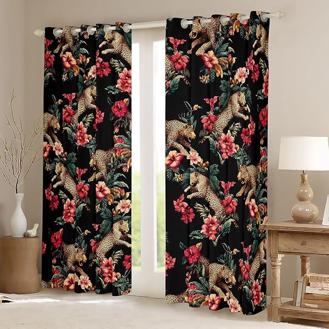Brown Leopard Window Curtain | Tropical Palm Leaf Window Treatment Curtain for Adult Bedroom Decor,Wild Animals Cheetah Curtains Vintage Africa Jungle Living Room Top 2 Panels,52Wx84L