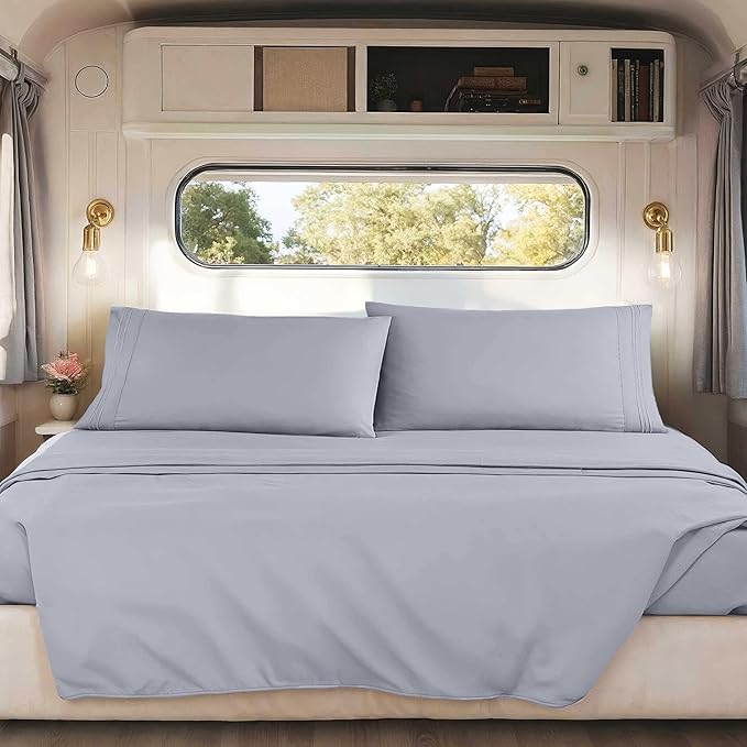 Hearth & Harbor Short Queen Sheets for RV, Grey Lavender RV Queen Sheets, Silky Soft 1800 Microfiber Bed Sheet for Camper, 4 Piece RV Bedding with Pillowcases