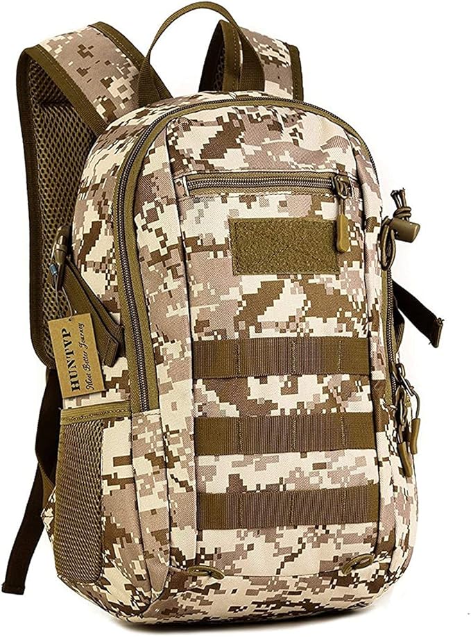 HUNTVP 10L Tactical Backpack Small Backpack Mini Daypack Military MOLLE Rucksack Gear Tactical Assault Pack Bag for Hunting Camping Trekking(10L-Desert Camouflage)