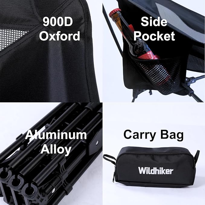 Wildhiker Portable Compact Folding Camping Chairs – Lightweight, Easy to Pack, Wider Seat Surface with Side Pocket – for Lawn, Backpacking, Motorycling, Hiking,Travel, Outdoor Festivals