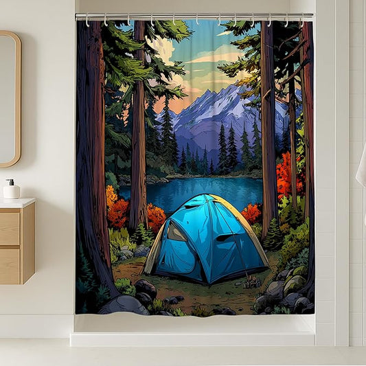 Mountain Lake Shower Curtain, Vibrant Blue Camping Tent Nature Scene Bathroom Decor, Outdoor Spring Summer Wilderness Art Waterproof Fabric Curtain with Hooks 72x96 Inch
