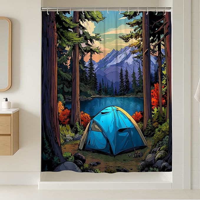 Mountain Lake Shower Curtain, Vibrant Blue Camping Tent Nature Scene Bathroom Decor, Outdoor Spring Summer Wilderness Art Waterproof Fabric Curtain with Hooks 54x78 Inch