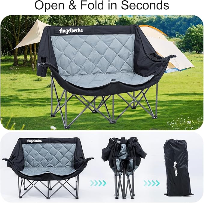 Double Camping Chair Oversized Padded Camping Sofa for 2 Person Heavy Duty Outdoor Folding Couch Portable Lawn Chair with Dual Cup Holders & Wine Glass Holders Weight Bearing 660LBS