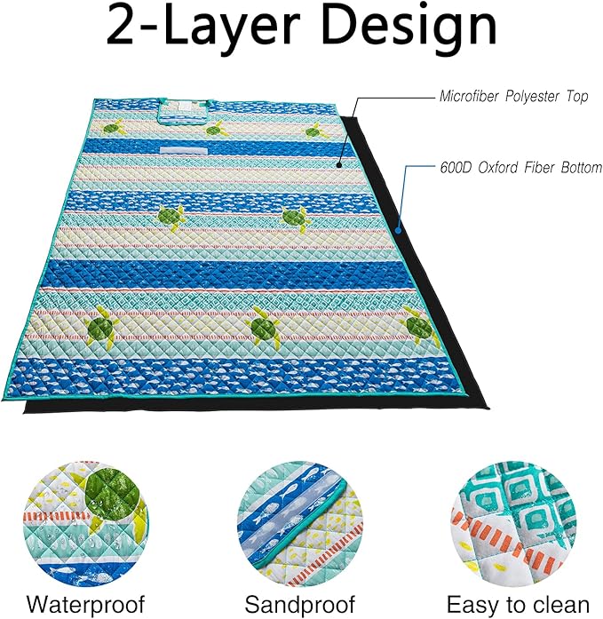 Picnic Blanket Beach Blankets 60 x 70 Inches Foldable Portable Family Outdoor Park Beach Mat for Camping on Grass Oversized Seats Waterproof Durable Sand Resistant Picnic Mat for Kids