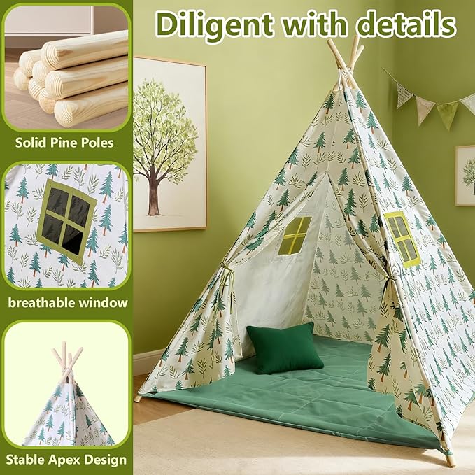 Forest Teepee Tent for Kids Indoor & Outdoor Play Tent Playhouse with Mat&Light, Peach-Skin Fabric, Solid Pine Poles, Nature-Inspired Hideaway Toddler Tents for Boys & Girls,Kids Room Decor Sleepover