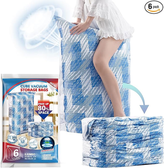TAILI 6 Pack Vacuum Storage Bags, Jumbo Cube (31x40x15 Inch), Large Vacuum Seal Bag for Clothes, Comforters, Blankets, Bedding, Sweater, Closet Storage and Organization, Blue Coastline