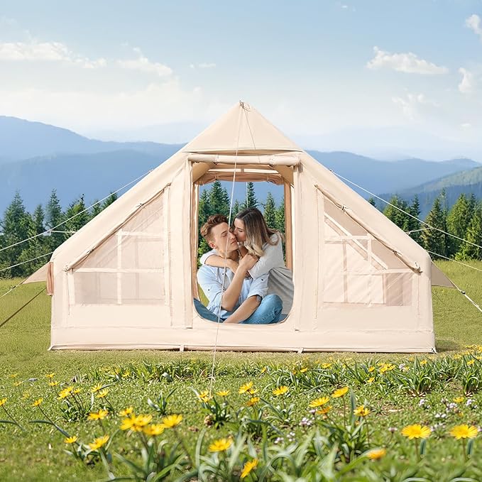 VEVOR Inflatable Tents for Camping, Easy Setup Blow up Tent with Hand Pump, 4 Season Glamping Tent with Stove Jack, Doors & Mesh Windows, Storage Bag Included for Easy Taking