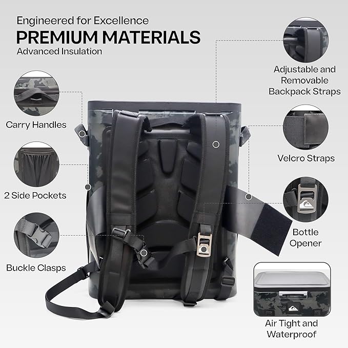 Quiksilver Zipperless Backpack Cooler 30L, Holds 36 Cans, 48 Hour Insulation, Leakproof & Waterproof Design, Heavy Duty TPU, IPX7, Padded Straps, Kangaroo Pockets