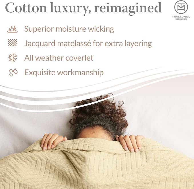 Threadmill Luxury Cotton Blankets for Queen Size Bed | All-Season 100% Cotton Queen Size Blanket | Aster Jacquard Cozy Lightweight, Soft Breathable Coverlet fits Full Size Bed, 90x92 | Vanilla Cream