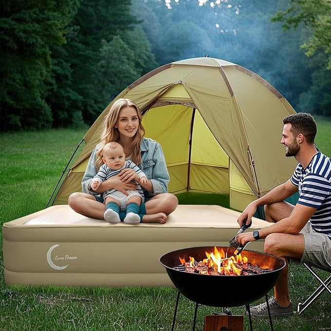 LunaDream Queen Air Mattress with USB Rechargeable Built-in Pump, Wireless Inflatable Airbed, FlexWeave Tech for 1100 lbs Ultra Firm Support, Portable for Home & Camping, Leak Proof Design, Carry Bag