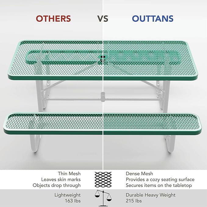 Metal Picnic Furniture for Outdoors with Umbrella Hole - Coated Steel Heavy Duty Commercial Grade Table with Adjustable Seats, Patio Set for a Lifetime (Green, 6' Rectangular)