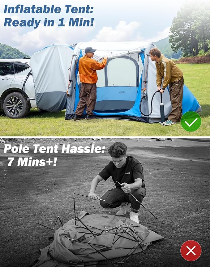 JOYTUTUS SUV Tent with Inflatable Pump, 30% More Space, Easy Set-up Car Tent for 6 Person Family Camping, Dual-Use SUV or Camping with 2 Awnings, Double Door, Fit for SUV Car Van