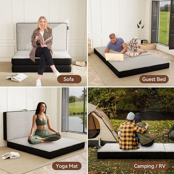 Memory Foam Trifold Mattress, Full Portable Floor Bed 6 Inch, Foldable Mat with Washable Cover, Handle & Non-Slip Bottom, for RV, Travel, Camping, Yoga, 73"x52"x6", Grey