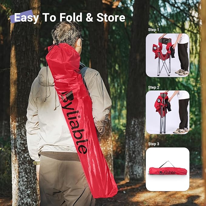 Camping Chairs Lawn Portable Foldable Camp Folding Lightweight Chair for Adults with Drink Holder and Cooler Pouch Outdoor for Camping, Lawn, Sports, Picnic, Beach, Music Festival, Red