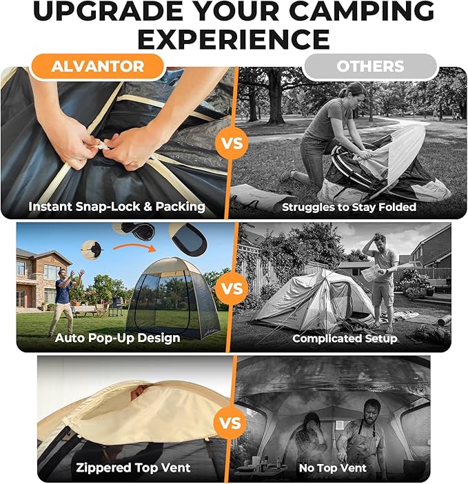 Alvantor® Pop Up Screen House Tent, Snap-fit Mesh Screen Gazebo with Peaked Roof, Portable Screen Room Canopy Shelter with Sandbags for Camping, Backyard, Picnic