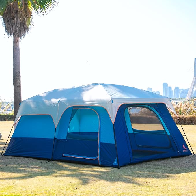 KTT Extra Large Tent 6-10-12-14 Person(B),Family Cabin Tents,2 Rooms,3 Doors and 3 Windows with Mesh,Straight Wall,Waterproof,Double Layer,Big Tent for Outdoor,Picnic,Camping,Family Gathering