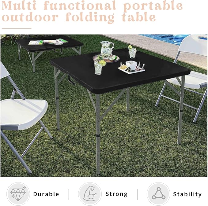 34" Square Folding Table,Multi-Functional Portable Folding Card Table with Carrying Handle for Indoor Outdoor Camping,Picnic, Office, Party Use, HDPE Plastic Tabletop with Metal Frame(Black)