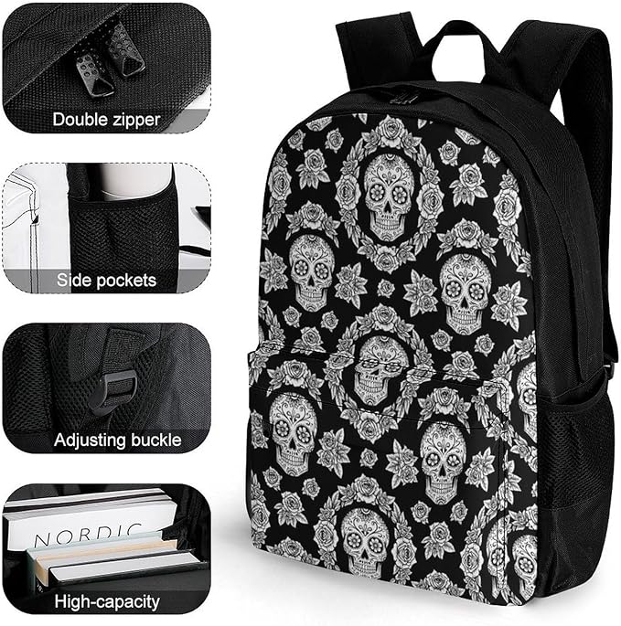 Supdreamc Men Women Lightweight Black And White Floral Day Of The Dead Mexican Sugar Skulls Casual Daypack Large Capacity Bookbag With Adjustable Shoulder Straps for Gym Business Bicycle