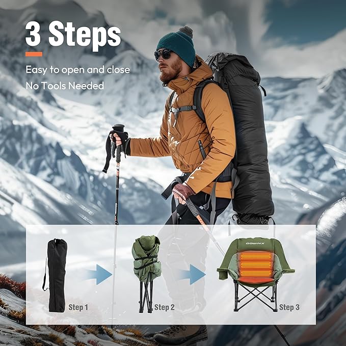 Dowinx Heated Camping Chair for Adults - Oversized Extra Large Folding Chair with Adjustable Padded Seat, Cup Holder, 400 lbs Capacity, Green