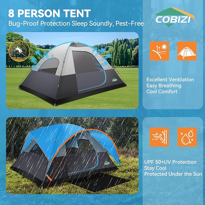 COBIZI 4-6-8-10 Person Camping Tent, Spacious Family Tents for Camping Ideal, Hiking, 3500mm Waterproof Double-Layer Windproof Tent for Hiking & Backpacking